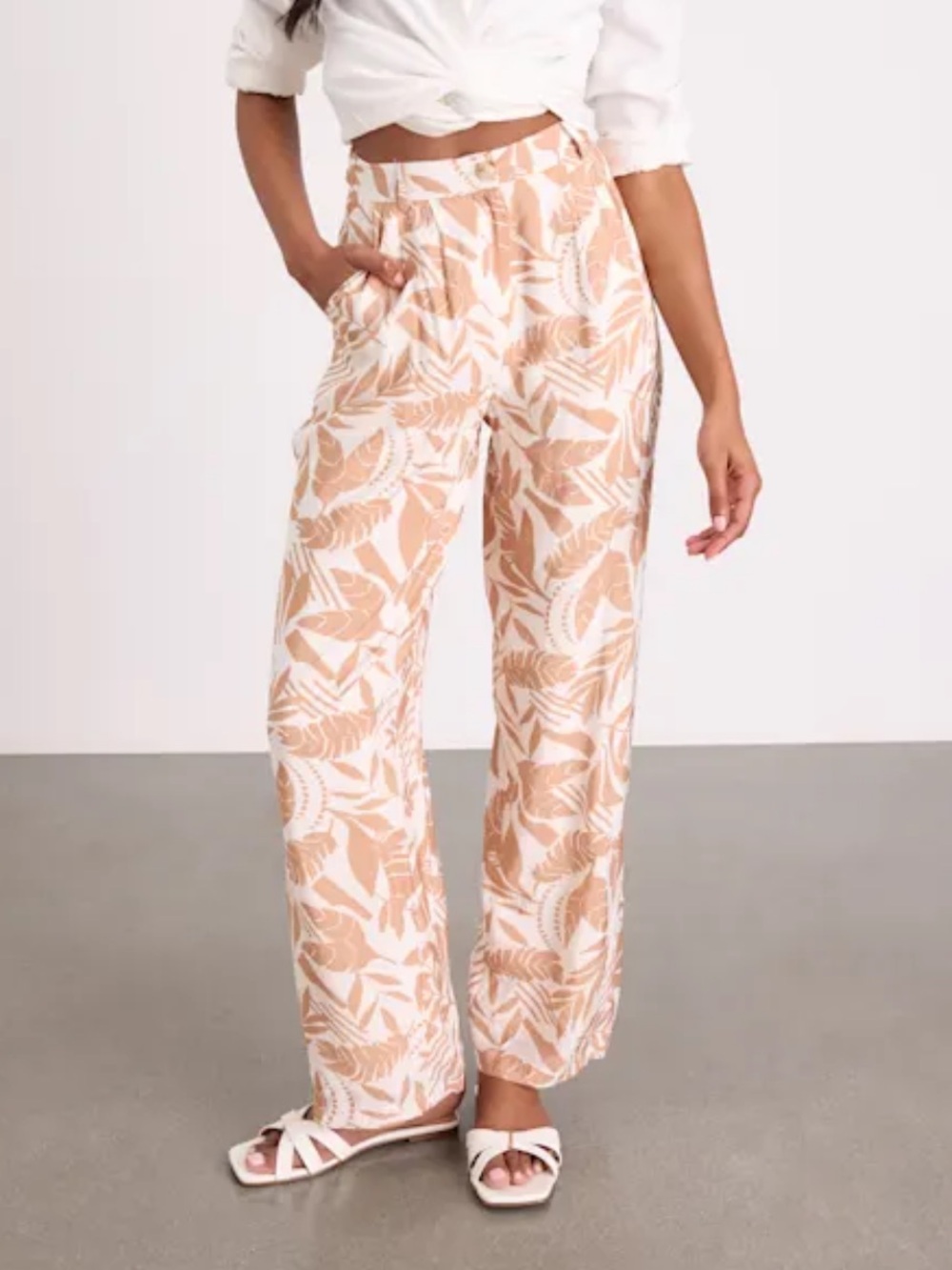 Lulus Dominica Ivory and Tan Tropical Print Wide-Leg Pants